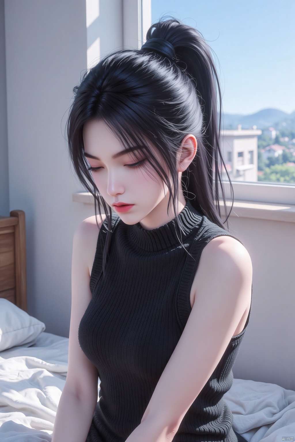 1girl, solo, short hair, black hair, sitting, closed mouth, closed eyes, sleeveless, indoors, hair bun, sweater, window, bed, sunlight, realistic