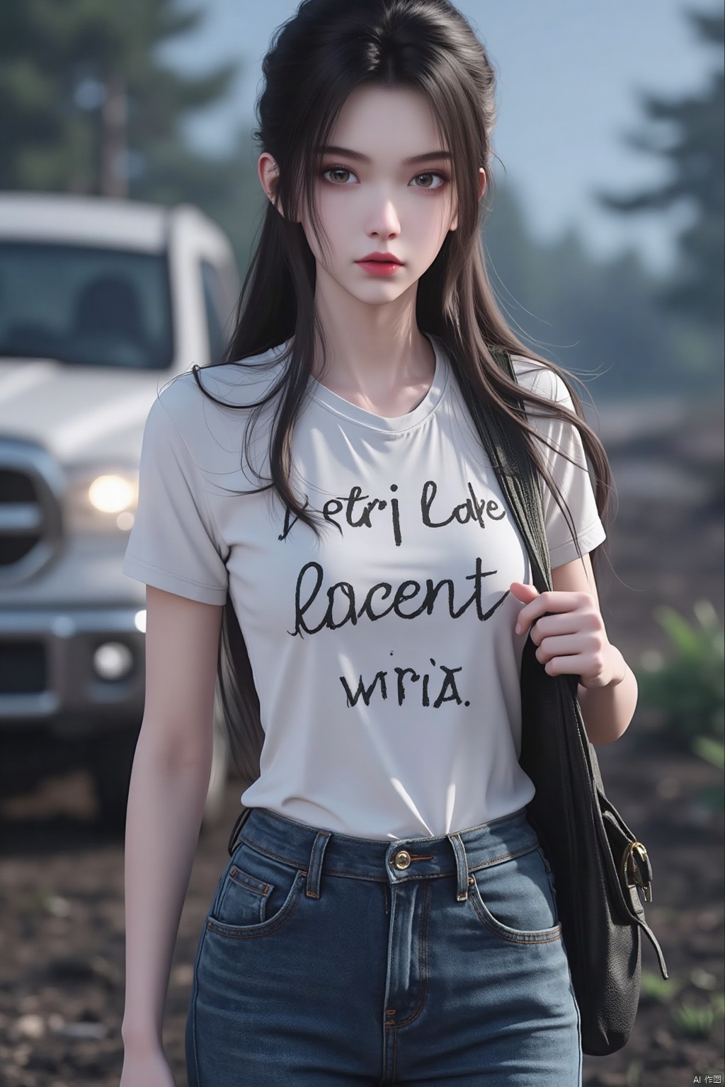 1girl, solo, long hair, looking at viewer, brown hair, shirt, brown eyes, standing, white shirt, short sleeves, cowboy shot, outdoors, pants, bag, blurry, lips, hand on hip, blurry background, denim, ground vehicle, t-shirt, clothes writing, motor vehicle, jeans, realistic, car, road, photo background