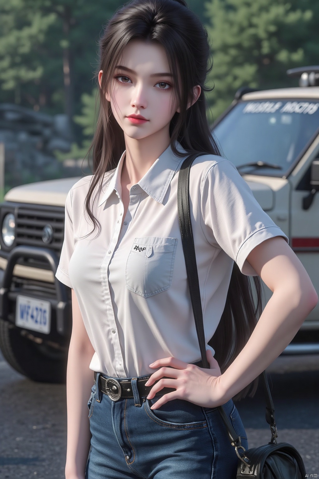 1girl, solo, long hair, looking at viewer, brown hair, shirt, brown eyes, standing, white shirt, short sleeves, cowboy shot, outdoors, pants, bag, blurry, lips, hand on hip, blurry background, denim, ground vehicle, t-shirt, clothes writing, motor vehicle, jeans, realistic, car, road, photo background