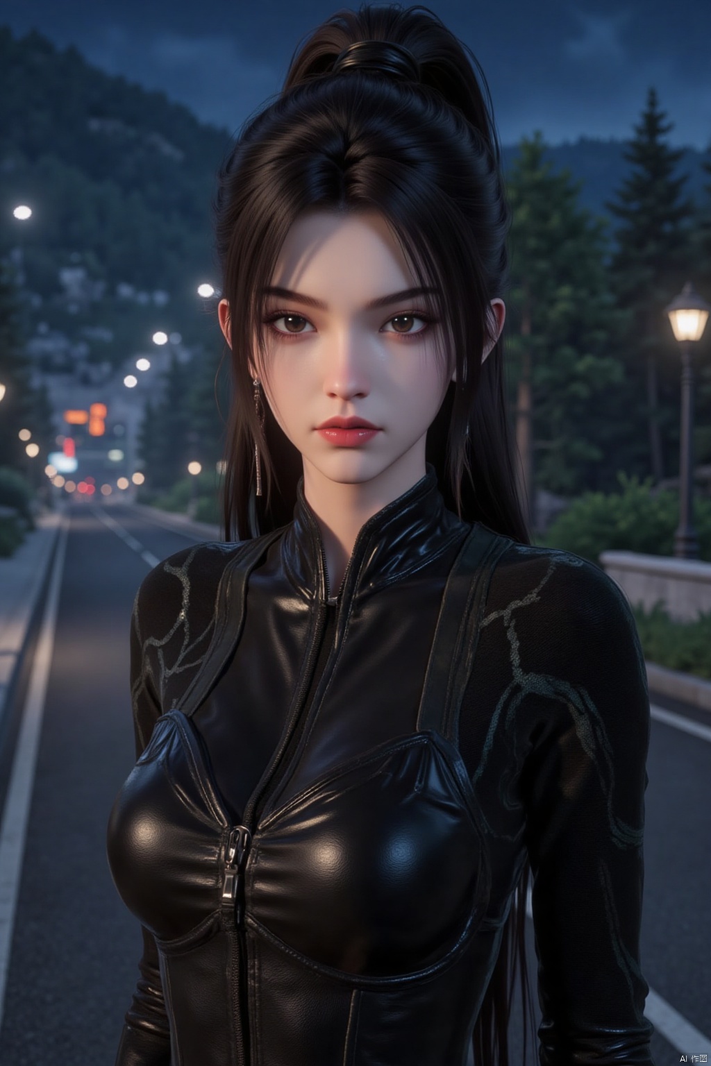 1girl, solo, long hair, breasts, looking at viewer, bangs, brown hair, black hair, gloves, brown eyes, jewelry, medium breasts, standing, ponytail, cowboy shot, earrings, outdoors, parted lips, black gloves, shiny, blurry, lips, bodysuit, night, depth of field, blurry background, skin tight, zipper, shiny clothes, black bodysuit, red lips, road, latex, lamppost, street, latex bodysuit, full-length zipper