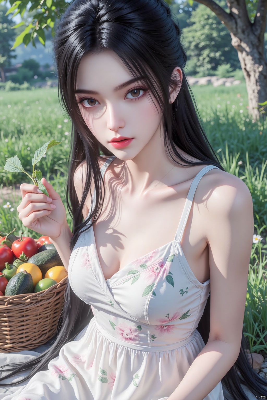 1girl, solo, long hair, looking at viewer, black hair, dress, sitting, outdoors, food, sleeveless, white dress, black eyes, lips, fruit, sleeveless dress, leaf, floral print, plant, realistic, basket