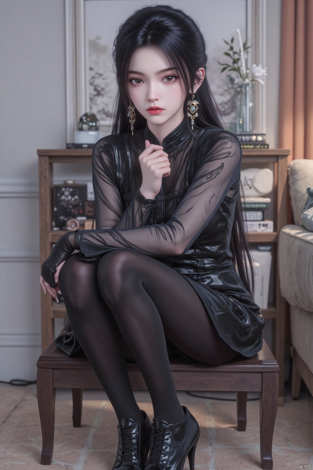 1girl, solo, long hair, looking at viewer, black hair, dress, jewelry, sitting, full body, pantyhose, earrings, indoors, black footwear, high heels, black pantyhose