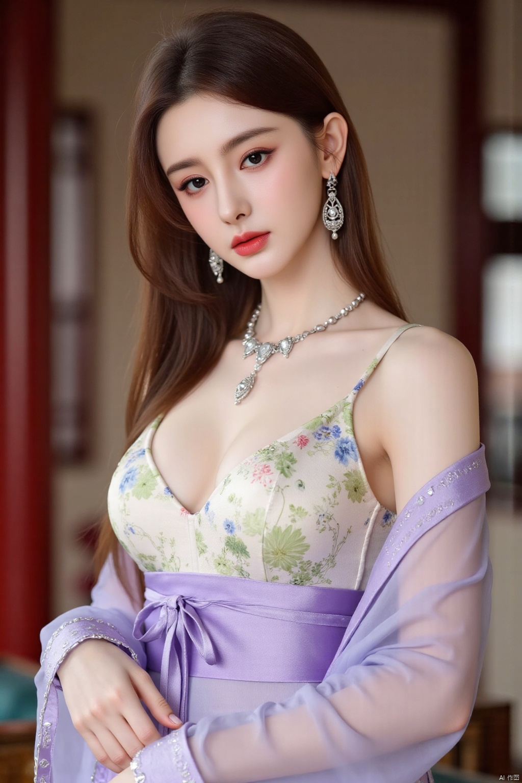 (photorealistic, best quality, ultra high res, extremely detailed eyes and face:1.3),(1girl, solo:1.3),skirt,jewelry,long_hair,necklace,earrings,perfect body,standing,large breasts,looking at viewer,chinese clothes,china dress,hanfu,