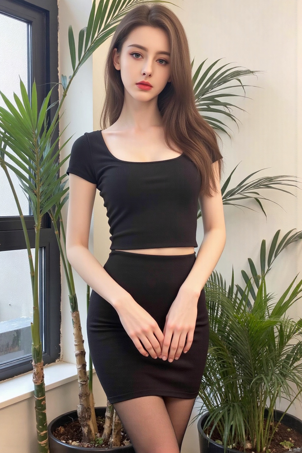 (photorealistic, best quality, ultra high res, extremely detailed eyes and face:1.3),1girl, solo, pantyhose, skirt, long hair, pencil skirt, plant, looking at viewer, brown hair, black hair,  indoors, potted plant, upper body, standing, black stockings, legs, short sleeves, realistic