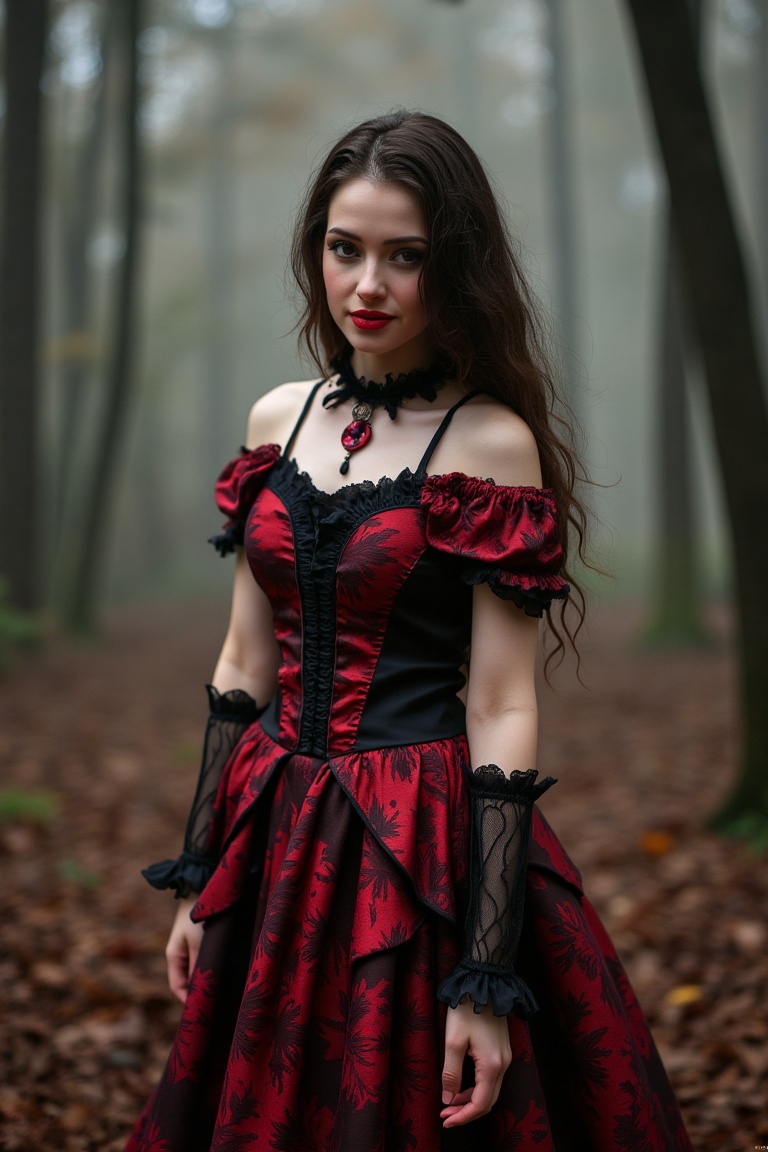 score_9, score_8_up, score_7_up, Portrait, girl, cute, seductive, innocent, light smile, plump lips, slender body, high detailed gothic dress, red|white|black, vibrant color, mistery forest background, depth of field, dynamic angle, (photo realistic:1.4), realistic skin:1.4, fashion photography, sharp, analog film grain