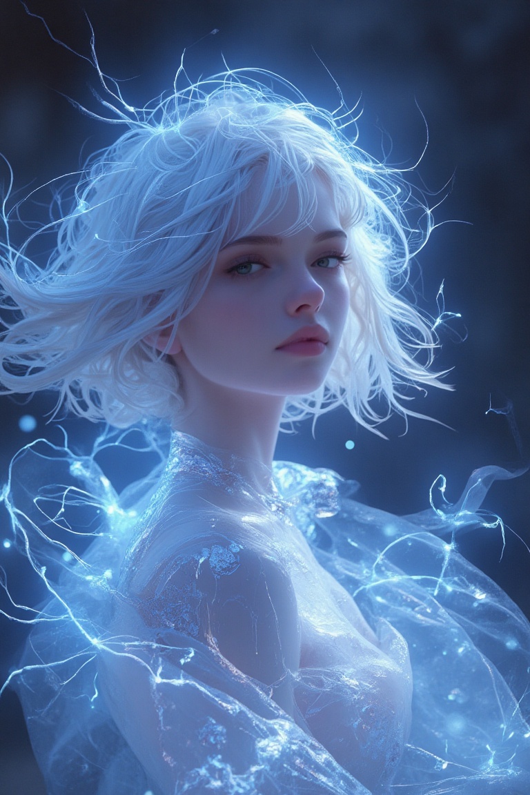((Highest quality)), ((masterpiece)), (detailed), A thunder spirit based on a Japanese woman, Wear lightning on your body, Wear the thunder, Dressing the Lightning, Wearing lightning,My hair is made of lightning、Personification of the spirit of thunder, Floating feeling to Fantasy, The clothes are made of lightning, Make your body semi-transparent, Overall, it is transparent and mysterious., Fluid hair, My hair is made of lightning,Fantasy, pale, delicately, Portrait, Her hair is made of lightning,Overall, the image of thunder is strengthened., The clothes are made of lightning
