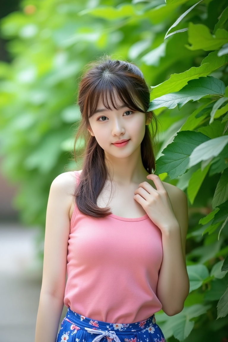 Instagram style portrait photography works,A Asian girl standing in a serene outdoor garden setting. She has long brown hair pulled back with bangs, giving a natural and relaxed appearance. She is wearing a pink sleeveless top and a matching floral skirt, complementing the lush greenery around her. The foliage frames her face as she gazes softly at the camera. The lighting is soft and natural, enhancing the vibrant green of the leaves and the vivid blue of her outfit. The composition captures a tranquil and harmonious atmosphere.