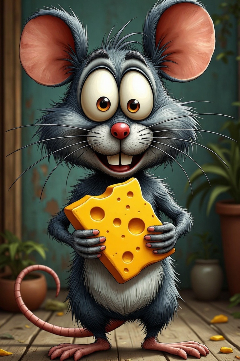 Digital art,  googly-eyed mouse,  holding a piece of cheese in his mouth on Tensor.Art