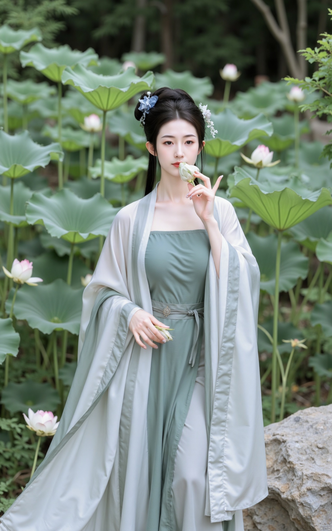  masterpiece,1girl,solo,black hair,(Standing by the lotus pond in the garden:1.3),(hanfu dress:1.3),black eyes,beautiful face,short sleeves,holding flower,looking at viewer,(huge breasts:2.79),(full breasts:1.99),Xminguo,Xruanxiu,Xqhanfu,Xqipao,Xqinghanfu