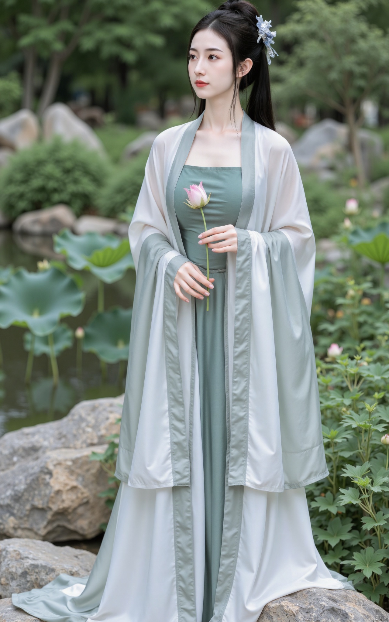  masterpiece,1girl,solo,black hair,(Standing by the lotus pond in the garden:1.3),(hanfu dress:1.3),black eyes,beautiful face,short sleeves,holding flower,looking at viewer,(huge breasts:2.79),(full breasts:1.99),Xminguo,Xruanxiu,Xqhanfu,Xqipao,Xqinghanfu