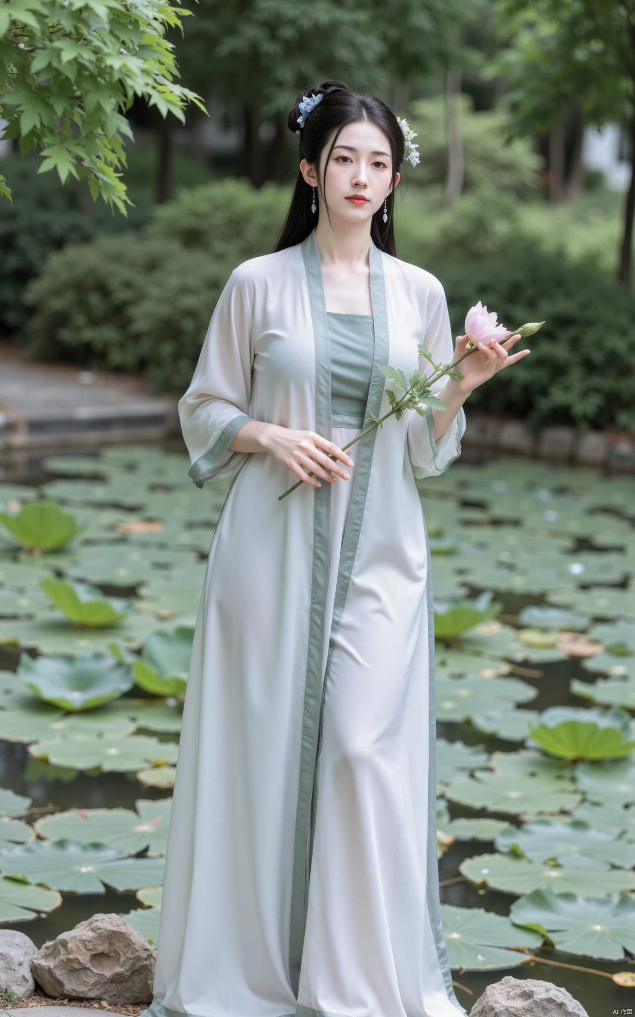  masterpiece,1girl,solo,black hair,(Standing by the lotus pond in the garden:1.3),(hanfu dress:1.3),black eyes,beautiful face,short sleeves,holding flower,looking at viewer,(huge breasts:2.79),(full breasts:1.99),Xminguo,Xruanxiu,Xqhanfu,Xqipao,Xqinghanfu