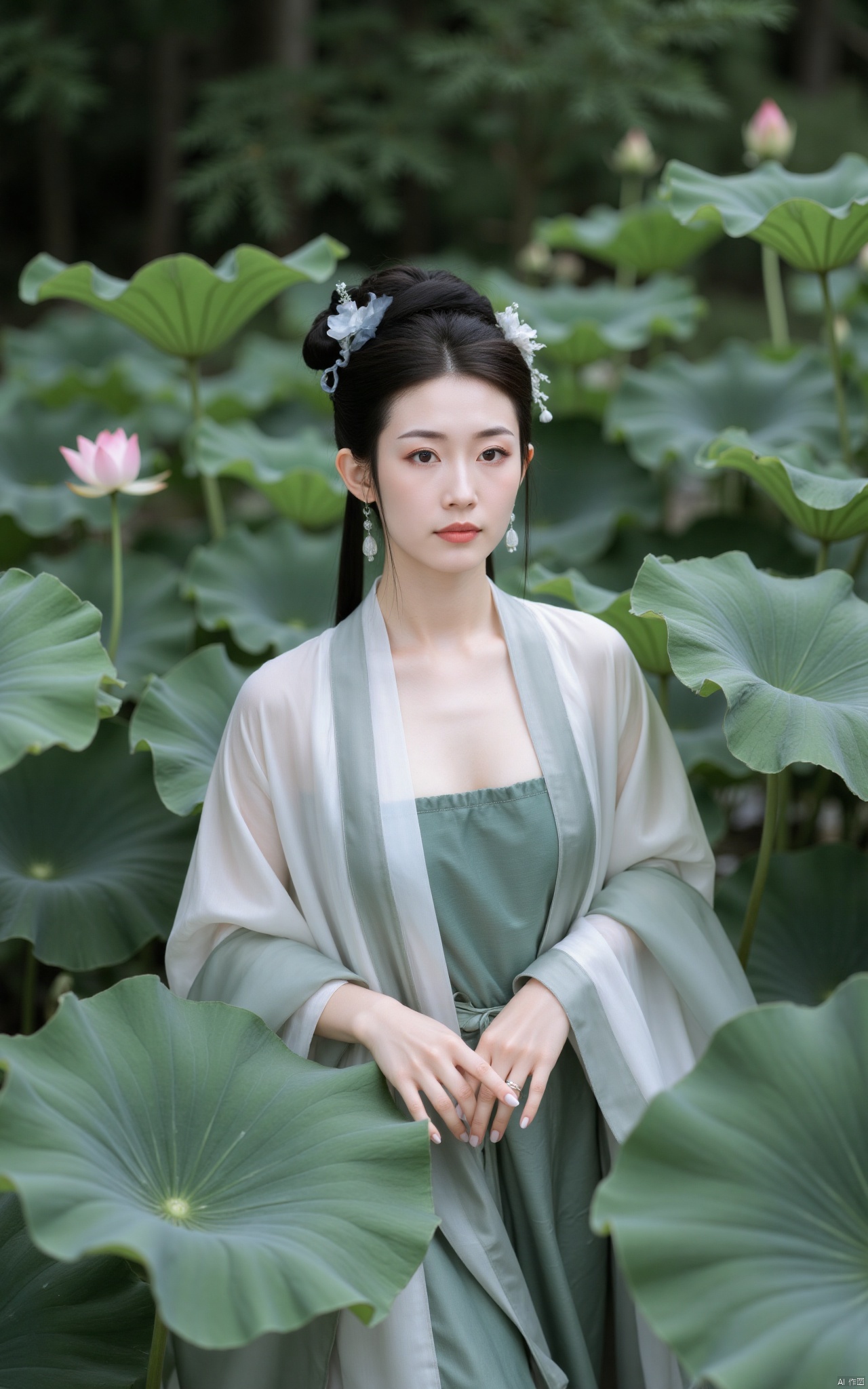 masterpiece,(best quality),official art, (1girl), (solo), ((looking_at_viewer)),(huge breasts:2.69),(full breasts:1.99),Xzhaoliner,(Lotus pond, lotus:1.52),Xruanxiu,Xfhanfu,Xqhanfu,Xqinghanfu,Xqipao,Xyueying