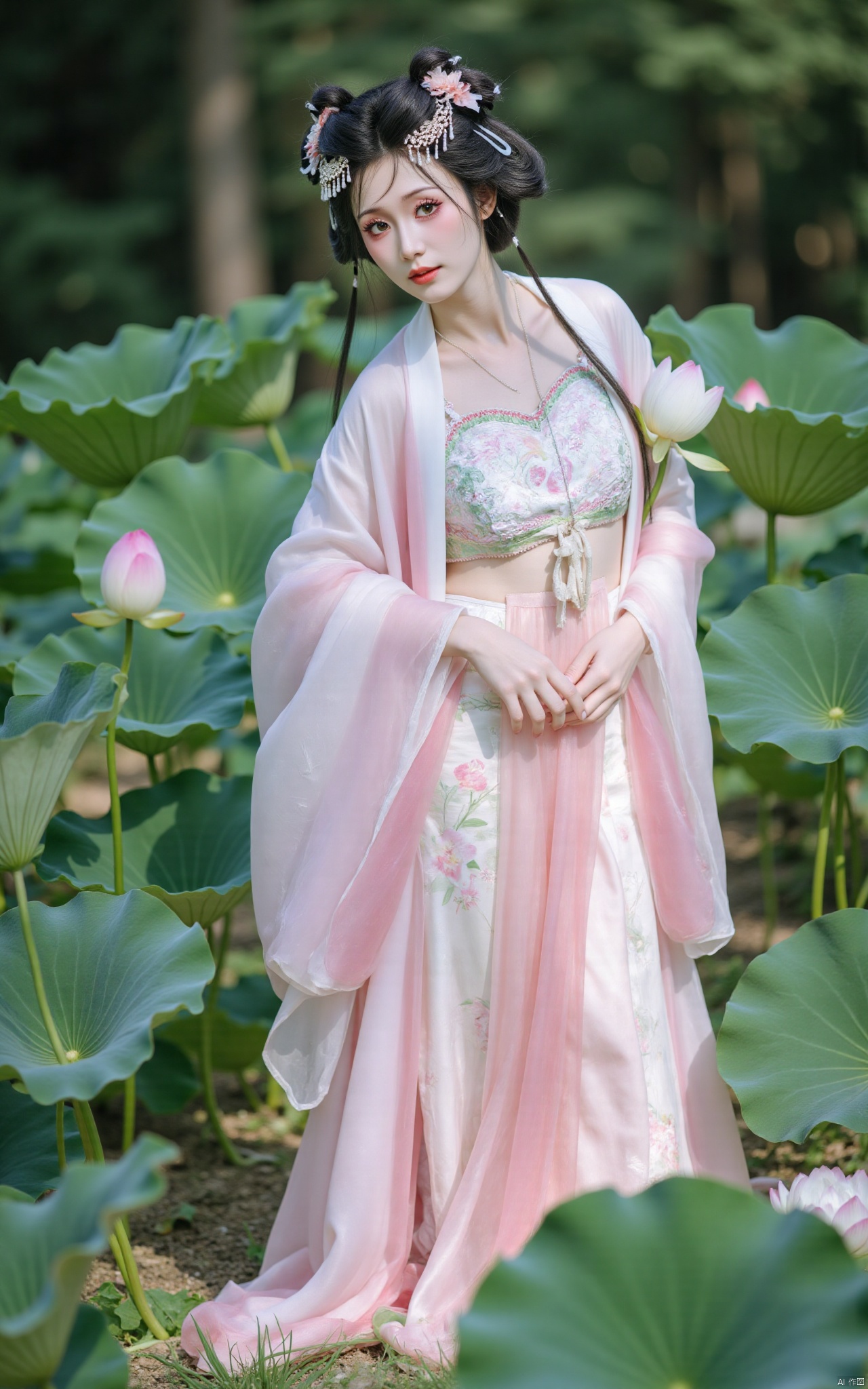 masterpiece,(best quality),official art, (1girl), (solo), ((looking_at_viewer)),(huge breasts:2.69),(full breasts:1.99),Xzhaoliner,(Lotus pond, lotus:1.52),Xruanxiu,Xfhanfu,Xqhanfu,Xqinghanfu,Xqipao,Xyueying