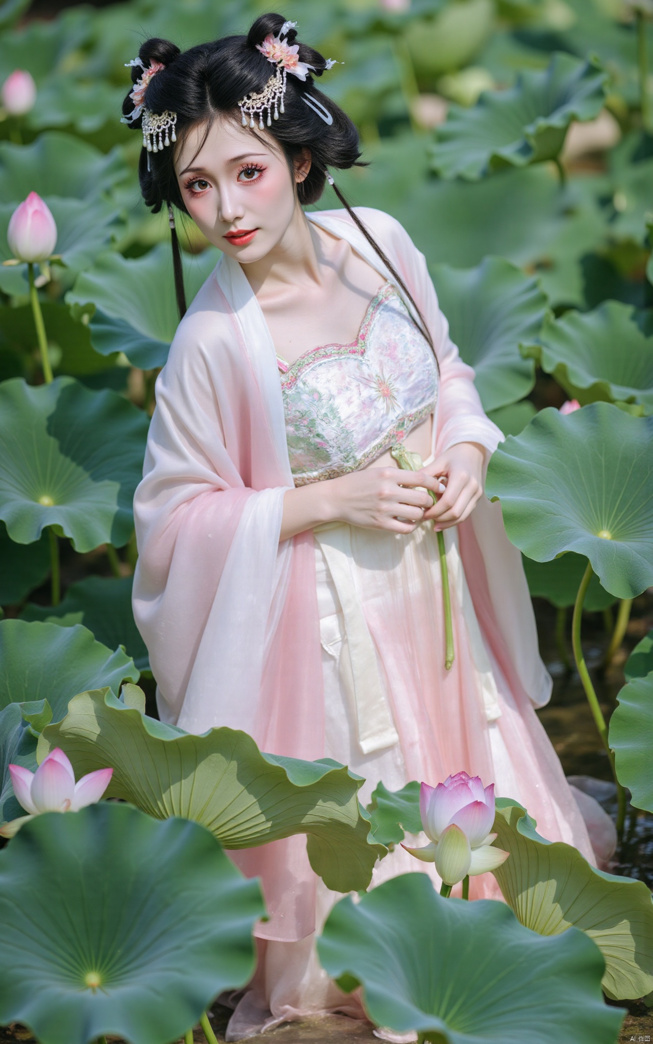 masterpiece,(best quality),official art, (1girl), (solo), ((looking_at_viewer)),(huge breasts:2.69),(full breasts:1.99),Xzhaoliner,(Lotus pond, lotus:1.52),Xruanxiu,Xfhanfu,Xqhanfu,Xqinghanfu,Xqipao,Xyueying