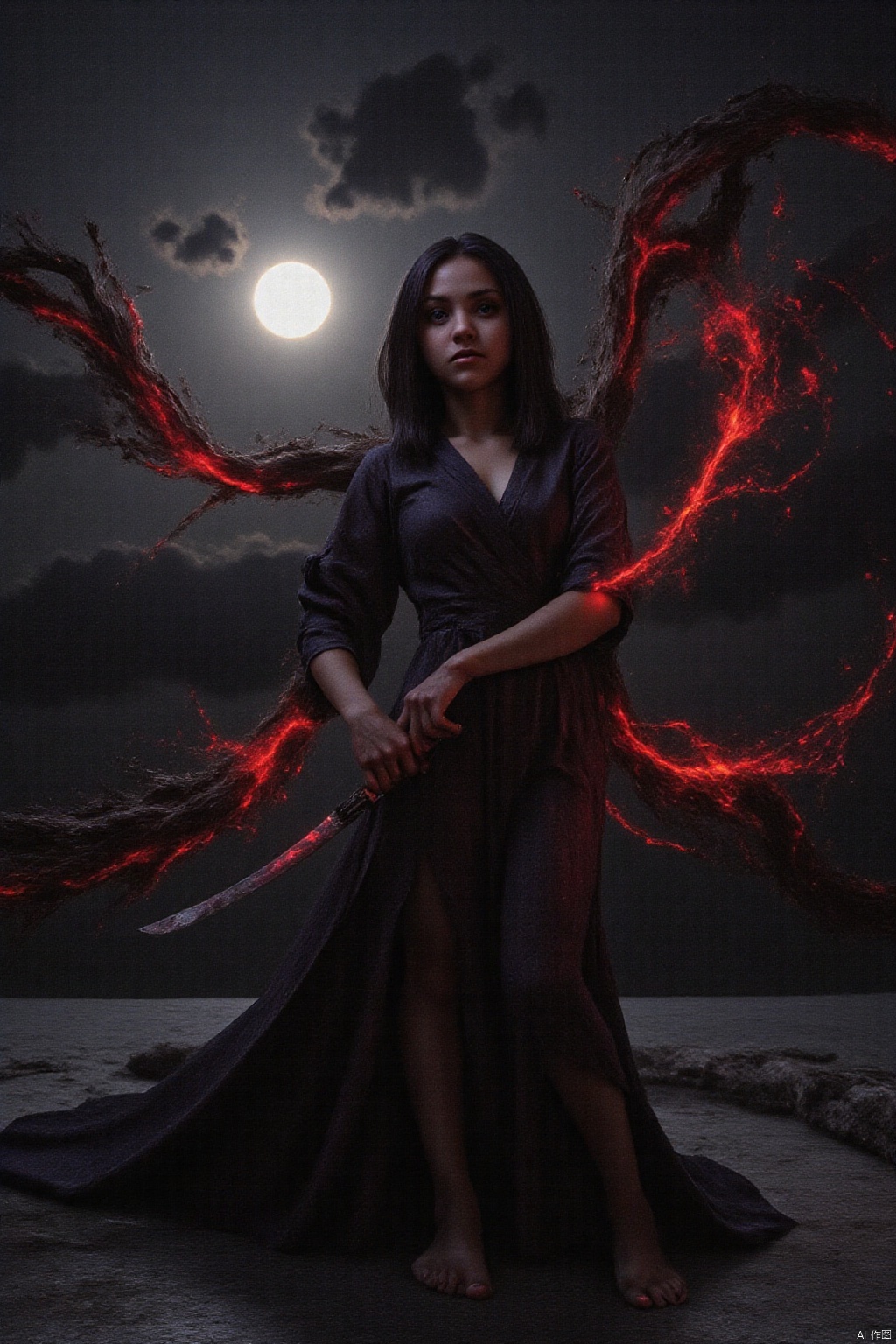 In silhouette stark against a sanguine moon obscured by roiling stormclouds,  she materializes from the gloaming - a phant...