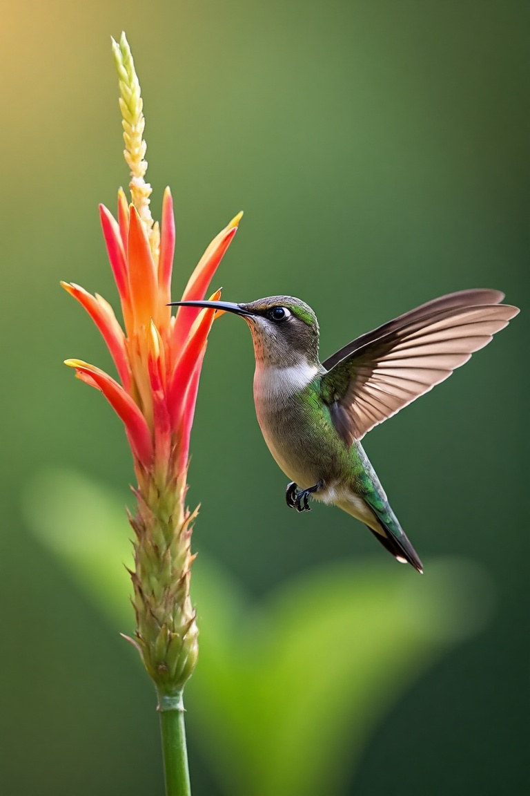 A vivid portrayal of a hummingbird in mid-flight, captured in a close-up shot. The bird is perched on the tip of a flower, with its wings spread wide, showcasing the intricate feather patterns. The flower's petals are a striking shade of red, with a yellow center that appears to be in the process of opening. The background is a soft green, which contrasts with the bird's vibrant colors, emphasizing the bird and the flower. The image exudes a sense of motion and the beauty of nature.
