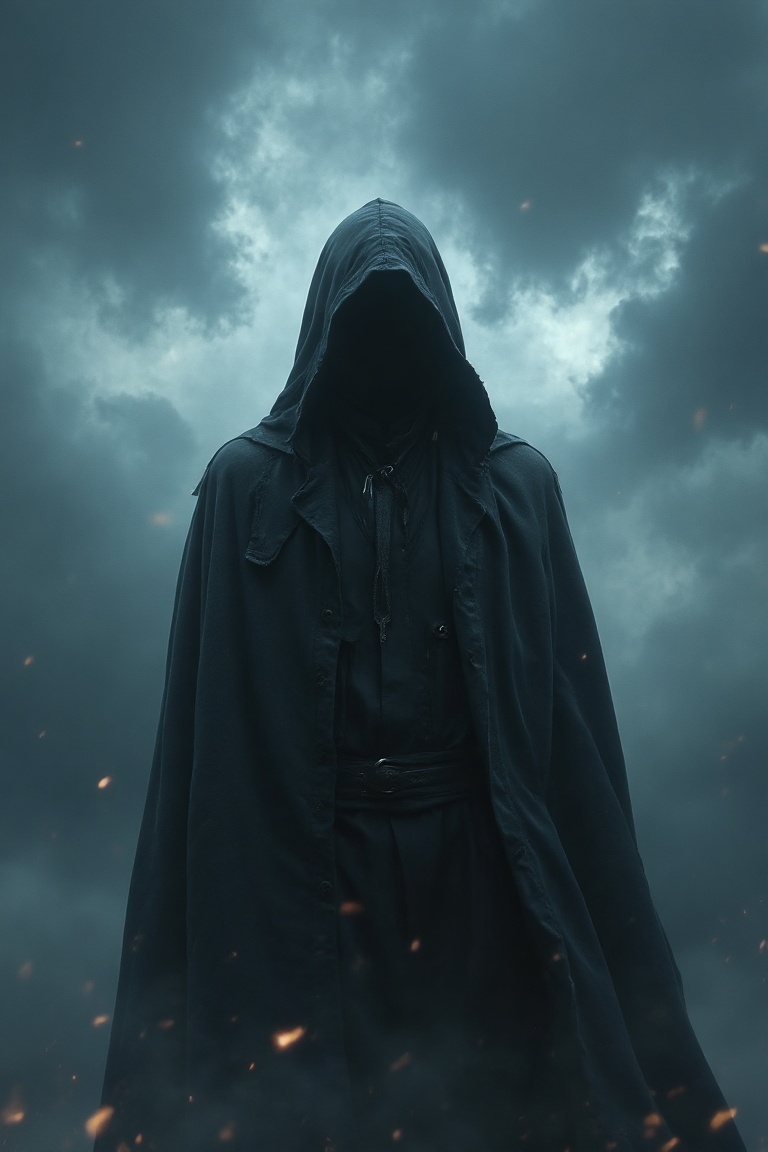 A moody, atmospheric portrayal of a cloaked figure standing amidst a tumultuous sky. The figure's hood obscures their face, adding an element of mystery. The sky is a tapestry of swirling clouds, with hues of deep blue and gray, suggesting an impending storm or a similar dramatic event. The cloak, a deep shade of black, contrasts starkly with the lighter, almost ethereal clouds, creating a sense of depth and dimension. The overall style of the image leans towards dark fantasy or gothic, with a focus on mood and atmosphere over detail.
