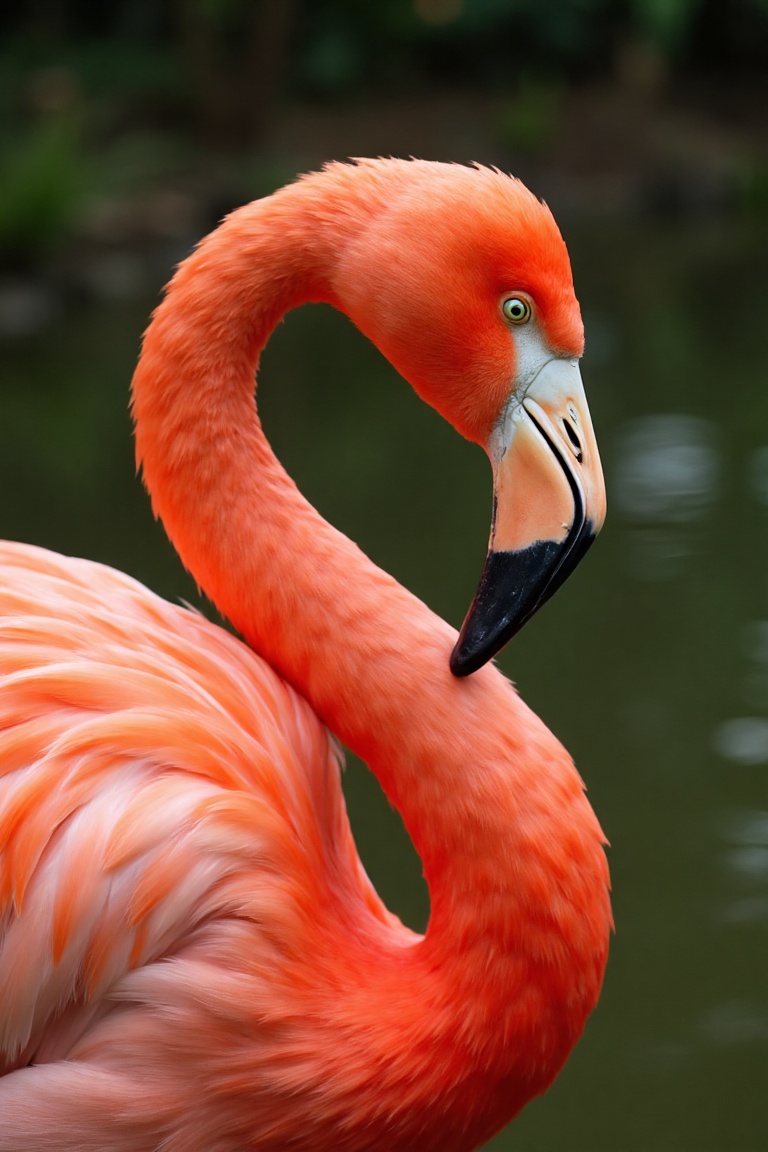 Close-up portrait of a flamingo with its neck curved in an S-shape, facing right. The flamingo has vibrant red feathers with a slight pinkish tint, a long, slender beak that is white at the base and black at the tip, and striking green eyes. The background is blurred, emphasizing the flamingo's detailed feathers and graceful pose.