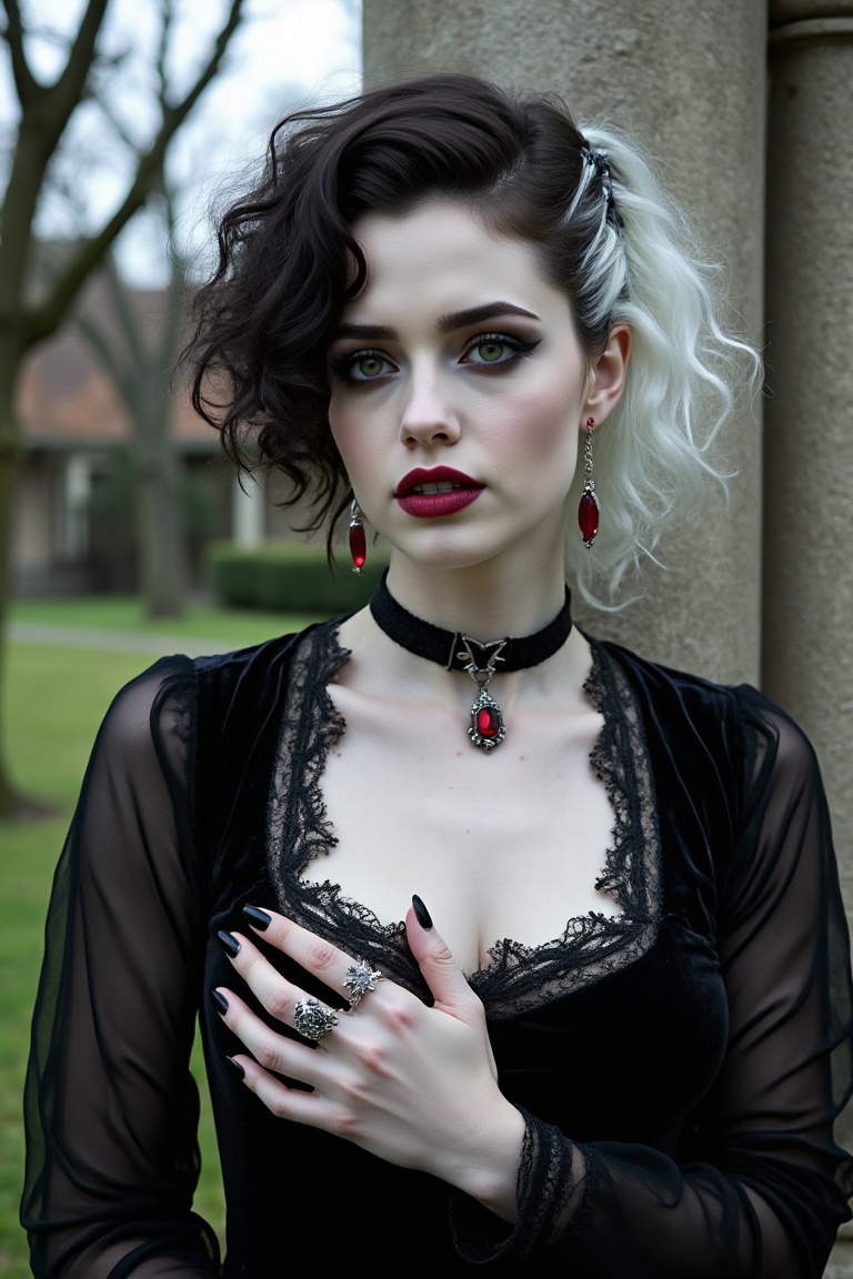 kristen_stewart with pale skin and a striking, dramatic appearance. She has a unique hair style, with dark, curly hair on one side and white, curly hair on the other, creating a striking contrast. Her makeup is bold and gothic, featuring dark eyeshadow and a dramatic winged eyeliner, and she has a small black star-shaped piercing on her right eyebrow. Her lips are painted dark red, matching her vampire-inspired look, and she wears a metal fang in her mouth, enhancing the theme.
She is dressed in a black, velvet dress with intricate lace trim at the neckline, adding a touch of elegance to her otherwise dark and edgy ensemble. Around her neck, she wears a black choker with a small red pendant, and her earrings are also red, adding to the dark, romantic theme. She has multiple rings on her fingers, including one with a large red gemstone, and her nails are painted black.
The background features a blurred view of a garden with bare, leafless branches, and the texture of the stone pillars in the background adds a touch of classic elegance. The overall mood of the photograph is dark, romantic, and gothic, with a strong emphasis on the subject's dramatic appearance.
