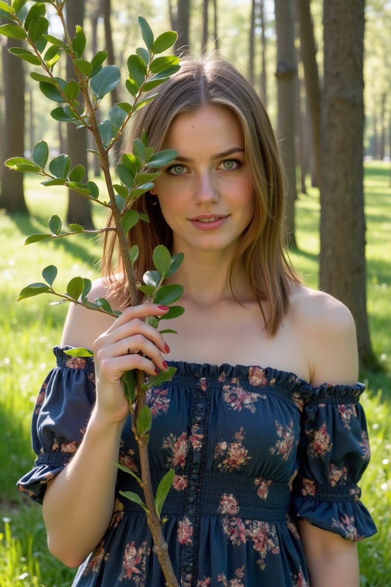 kristen_stewart standing outdoors amidst a serene, sunlit forest. She has a fair complexion, light brown hair that falls straight past her shoulders, and striking blue eyes. Her expression is soft and inviting, with a gentle smile. She is wearing an off-the-shoulder, dark blue floral dress that contrasts with her fair skin. The dress has a relaxed, bohemian style with a loose, flowing fit. She holds a branch of a leafy tree with her right hand, partially obscuring her face. The background features tall, slender trees with light green leaves, and a grassy field stretches out behind her, indicating a late spring or early summer setting. The sunlight filters through the foliage, casting dappled shadows and creating a warm, inviting atmosphere. The overall mood of the photograph is tranquil and natural, with a focus on the subject's serene beauty and connection with nature.
