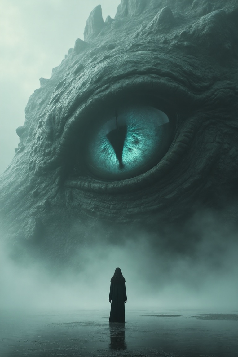 a striking and surreal scene that combines elements of both the natural world and fantasy. Dominating the composition is a massive, reptilian eye, filling almost the entire frame. The eye is highly detailed, with a slit-like pupil that suggests it belongs to a large, powerful creature, perhaps a dragon or another mythical being. The texture around the eye is rugged and scaly, giving the impression of ancient, weathered skin. In the lower portion of the image, a solitary human figure stands before the eye, dressed in a flowing black robe. The figure is tiny in comparison to the colossal eye, emphasizing the vast difference in scale and power between the two. The person stands on a surface that appears to be water or mist, which reflects the eerie, otherworldly light that surrounds the scene. The atmosphere is misty and dreamlike, adding to the sense of mystery and awe. Overall, the image is both dramatic and thought-provoking, blending cultural elements with a fantastical imagination to create a visually captivating scene.
