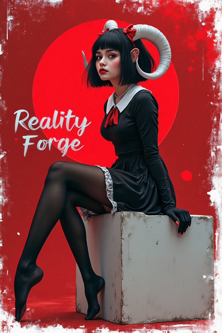 a poster design with A text in the middle that says "Reality Forge". while in the backround a succubus girl with rams horns, long eyelashes, black bob, white ears with red bow, black dress with white collar,black pantyhose,no shoes, feet to viewer,foot focus, sitting on a plaster cube with her leg, white grunge, in profile, side view, surrealism, pencils, fashion illustration, gradient red background, avant-garde, vivid colors, filigrie, photorealistic rendering, mody chiaroscuro lighting,aidmafluxpro1.1, 