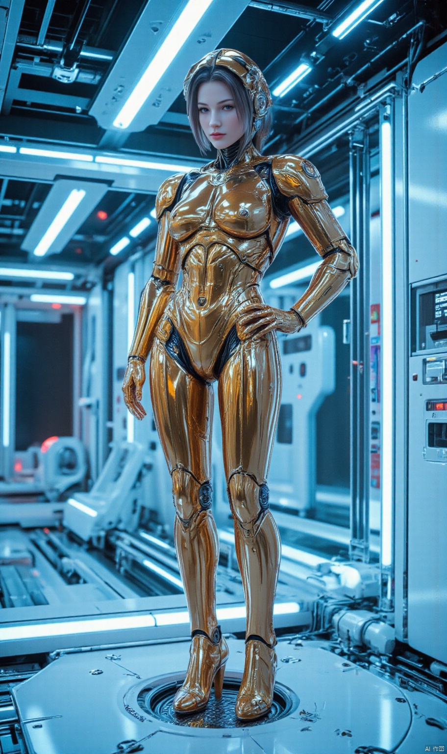 1girl,1girl,A female robot stands confidently in a futuristic laboratory setting, bathed in soft blue LED lighting. Her metallic body glows with a warm golden hue, contrasting with the sterile white surfaces and humming machinery surrounding her. She poses with one hand on her hip, her other arm extended, as if showcasing her advanced robotic features.,IMPROVED,AIDMAHYPERREALISM