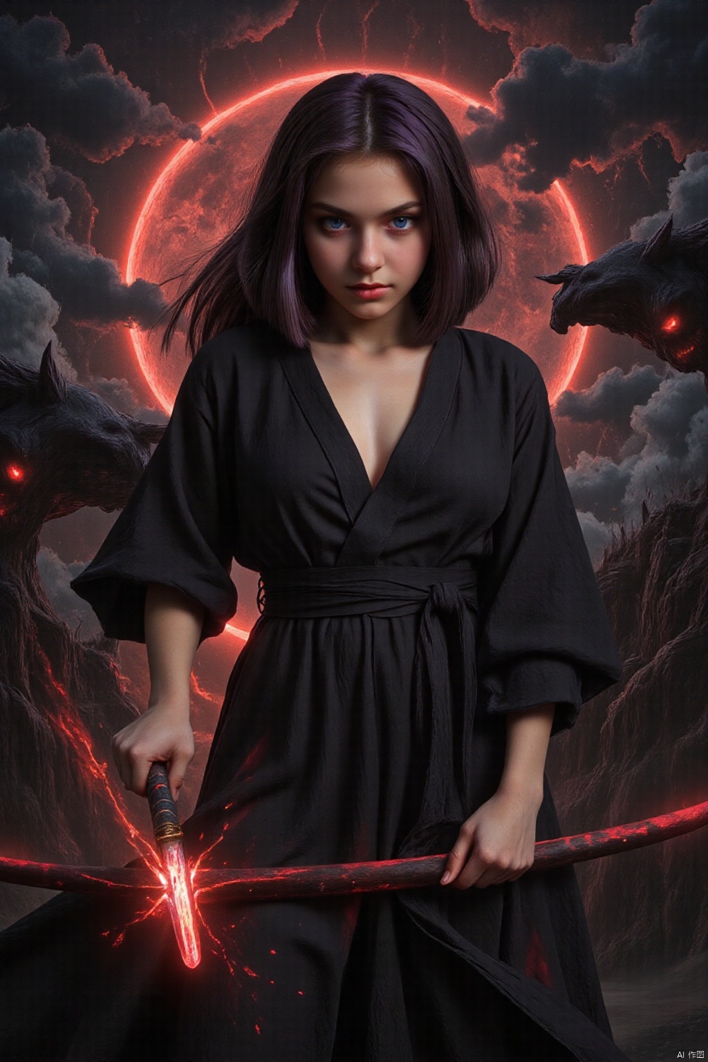 In silhouette stark against a sanguine moon obscured by roiling stormclouds, she materializes from the gloaming - a phantom shrouded in obsidian robes billowing about her lithe form. Eyes smoldering with intensity bore directly into the viewer's soul, daring challenge even as slender digits tighten imperceptibly around the lacquered tsuka of her razor-edged katana. Crimson droplets spray outward in graceful arcs as the gleaming shinken cleaves the air, leaving trails of scarlet motes dancing in its wake. Blood-slick steel glints dully, reflecting the hellish hue cast by celestial bodies above, as though stained by the very essence of damnation itself. Tendrils of ebony hair whip about her countenance, framing features set in grim determination, lips curled in a sneer hinting at untold atrocities committed in service to some vengeful cause.
impressionist painting, loose brushwork, vibrant color, light and shadow play, captures feeling over form, Oil Painting, surreal, 
beautiful, painterly, detailed, textural, artistic, aesthetic, intricate details, highly detailed, vivid, vibrant, volumetric lighting, 
df_style