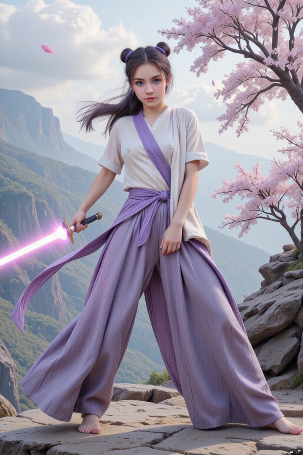  A digital painting or illustration features a woman in dynamic motion, poised as if in mid-stride, wielding two glowing pink auralora swords. 
The woman has dark, flowing hair styled in a bun.  Her expression is serene and focused.  She is clad in a flowing, white, slightly sheer, long-sleeved top and wide, voluminous purple trousers. A purple sash or obi drapes across her waist over the top. The fabric appears to have a soft, almost ethereal quality. 
The swords she holds are a vibrant pinkish-purple color, with the light trails or auras extending from the blades. 
The scene is set against a backdrop of mountains, with a soft, misty haze in the distance. Pink cherry blossoms are artistically scattered throughout the image, adding to the romantic and ethereal atmosphere. The blossoms are also visible on a tree in the background.
The colors are soft, with a pastel palette, including the pinkish-purple hues of the swords and the pale pinks of the blossoms. The lighting suggests a soft, diffused, natural light source. The style appears to be highly stylized, with a noticeable focus on dynamic composition and soft edges, typical of digital art. The woman appears to be standing on a rocky cliff face. The style is anime or digital illustration, and the background is a beautiful, serene landscape.,detailed city,LILITH
