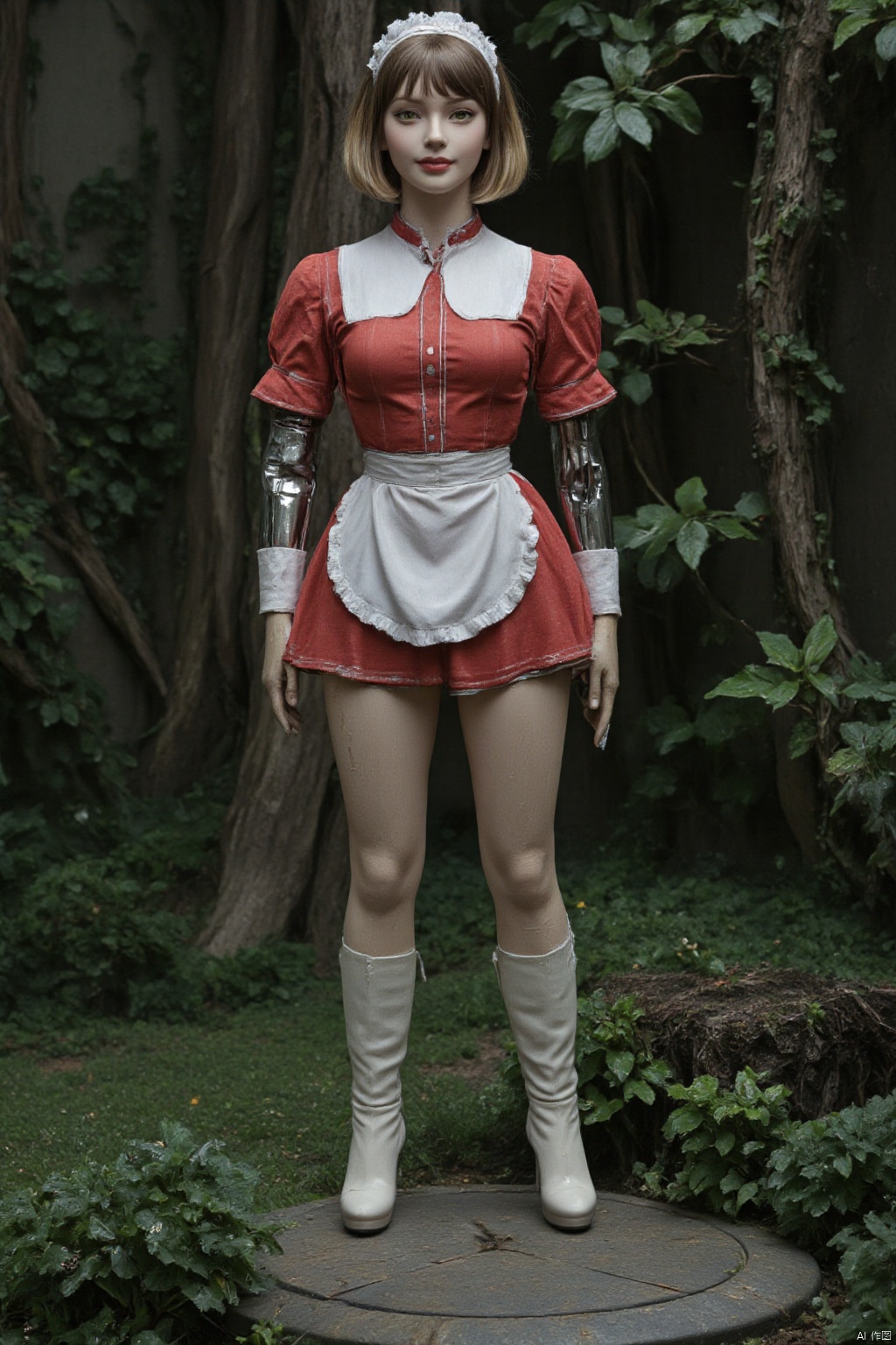 A brutal horror fantasy featuring a tall living mannequin with short bobcut gradient blonde and brown hair, bright yellow eyes, and red lipstick. She is wearing a red maid dress on top of a white collared shirt with long sleeves, a maid headdress, a frilly and a white waist apron and high heel knee boots. Doll joints can be seen on her neck, fingers, and knees. Cracks can be seen on her legs. A side perspective as she is standing in a desolate garden with overgrown vines and grass. A soft smile and be seen on her face as she stares at the viewer.,detailed city,UNI_SCI_FI_CORE