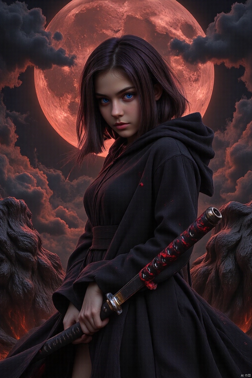 In silhouette stark against a sanguine moon obscured by roiling stormclouds, she materializes from the gloaming - a phantom shrouded in obsidian robes billowing about her lithe form. Eyes smoldering with intensity bore directly into the viewer's soul, daring challenge even as slender digits tighten imperceptibly around the lacquered tsuka of her razor-edged katana. Crimson droplets spray outward in graceful arcs as the gleaming shinken cleaves the air, leaving trails of scarlet motes dancing in its wake. Blood-slick steel glints dully, reflecting the hellish hue cast by celestial bodies above, as though stained by the very essence of damnation itself. Tendrils of ebony hair whip about her countenance, framing features set in grim determination, lips curled in a sneer hinting at untold atrocities committed in service to some vengeful cause.
impressionist painting, loose brushwork, vibrant color, light and shadow play, captures feeling over form, Oil Painting, surreal, 
beautiful, painterly, detailed, textural, artistic, aesthetic, intricate details, highly detailed, vivid, vibrant, volumetric lighting, 
df_style