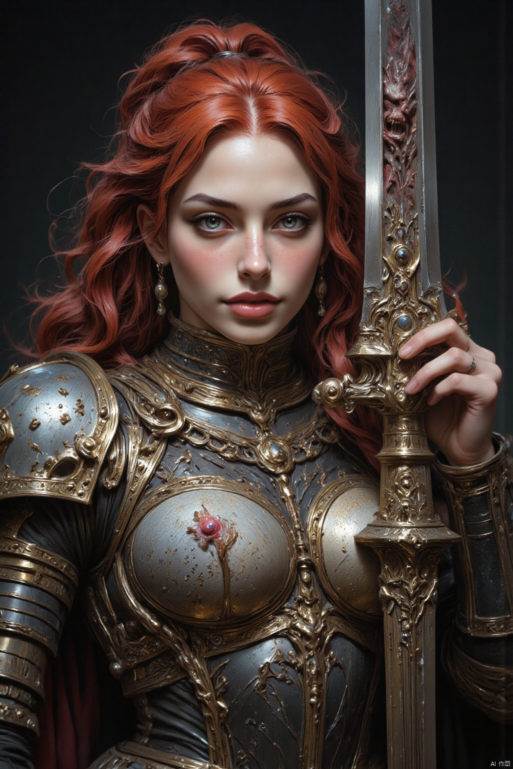 frank frazetta dark fantasy oil painting, (extremely closeup portrait of face and top of chest) of woman with pale skin and bright red hair wearing chainmail.  She is holding a sword up in front of her which divides the portrait of her into 2 sides, the reflection of the sword shows a monstrous face
