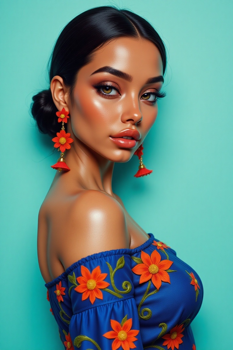 A beautiful Mexican woman with black hair and red floral earrings wearing an off-the-shoulder blue dress embroidered with...