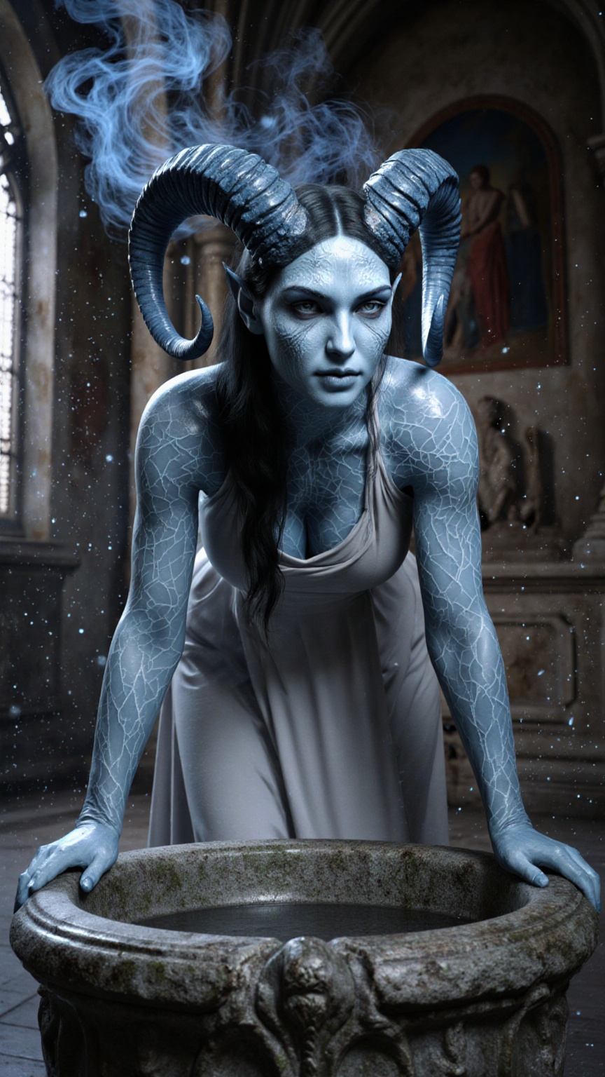 Photorealistic CGI fantasy portrait of a mystical female creature,  her skin sculpted in luminescent blue stone texture wi...