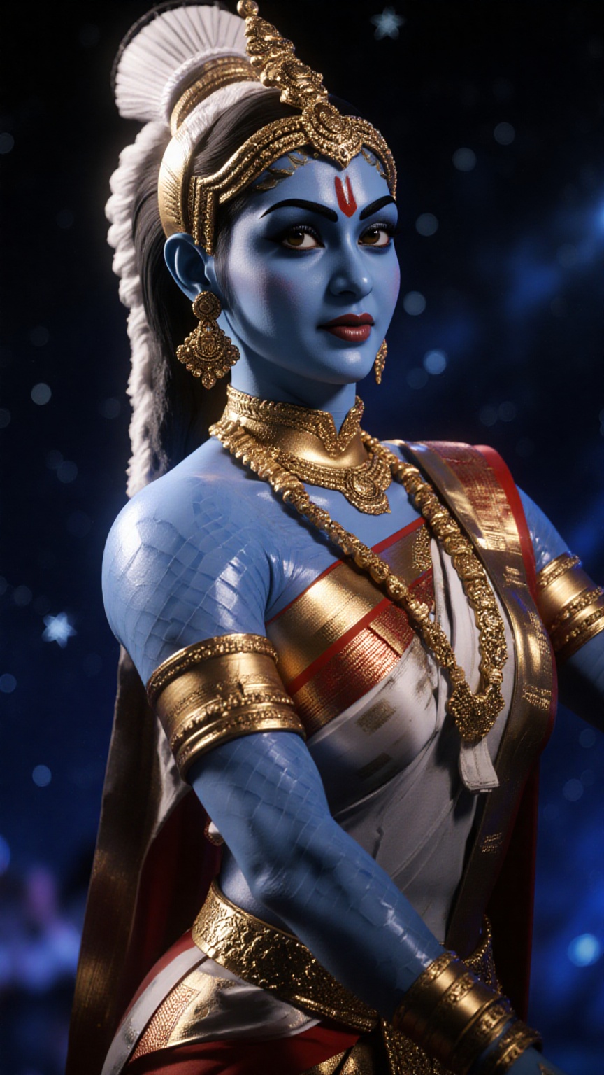 Alien woman with blue,  scaly skin,  hyper-detailed and photorealistic. She is a Kerala Kuchipudi dancer depicted in a poi...