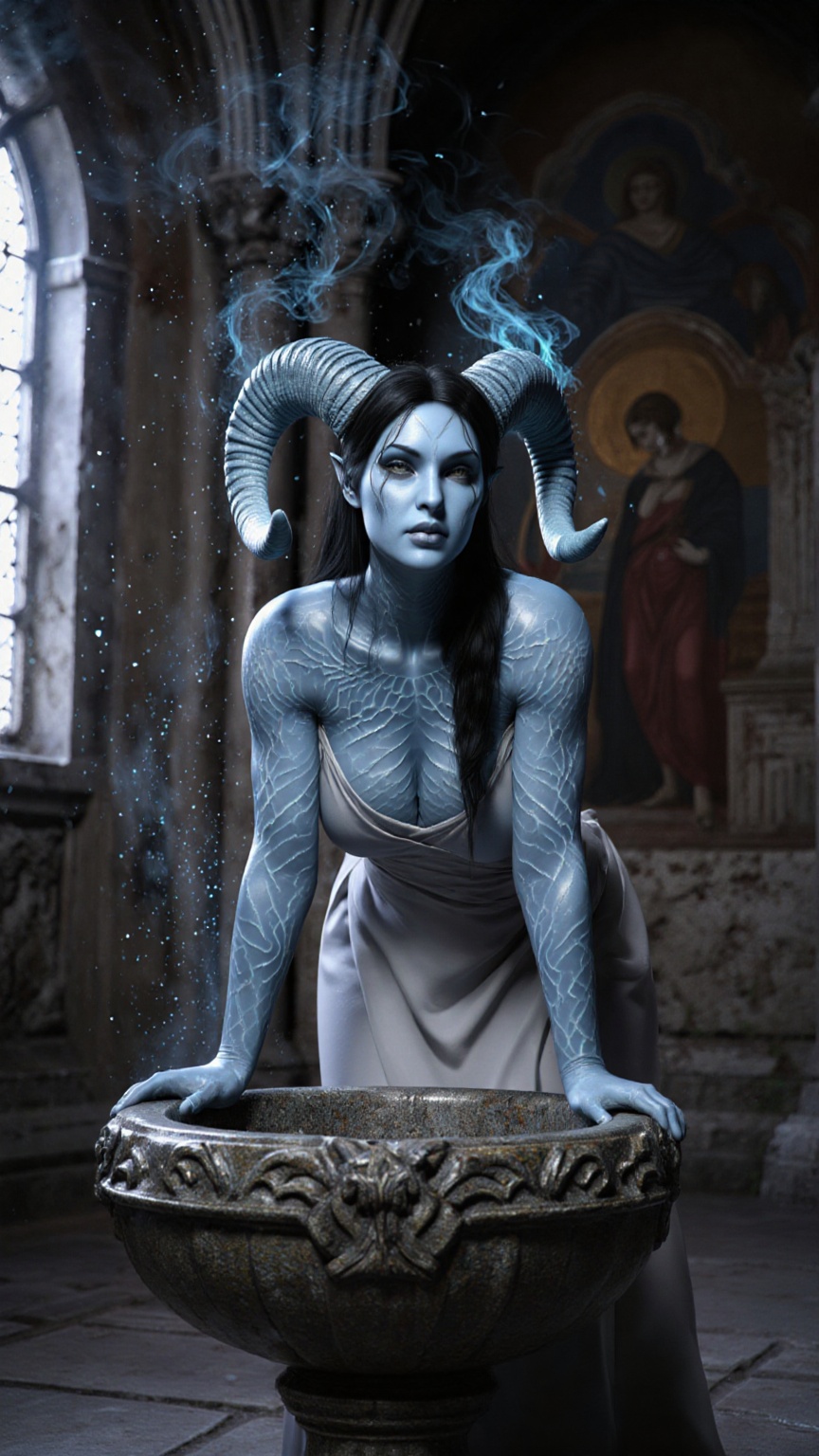 Photorealistic CGI fantasy portrait of a mystical female creature,  her skin sculpted in luminescent blue stone texture wi...