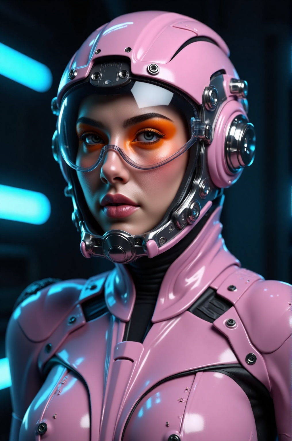 The image depicts a futuristic scene with a woman wearing a sleek,  high-tech helmet. The helmet is predominantly pink and...