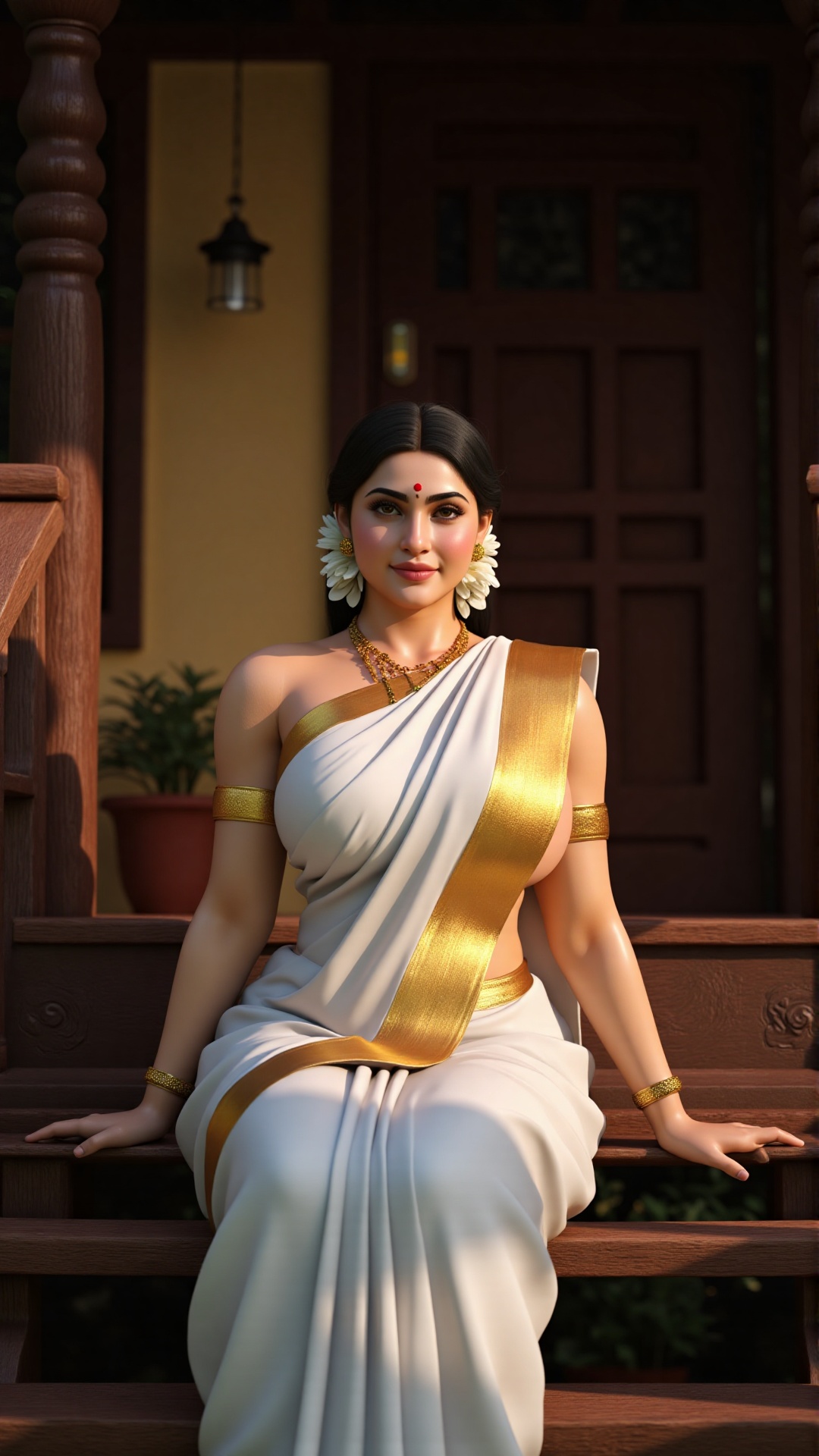"type": "cinematic",  "description": "A cinematic portrait of a Kerala woman sitting on wooden stairs in front of an old K...