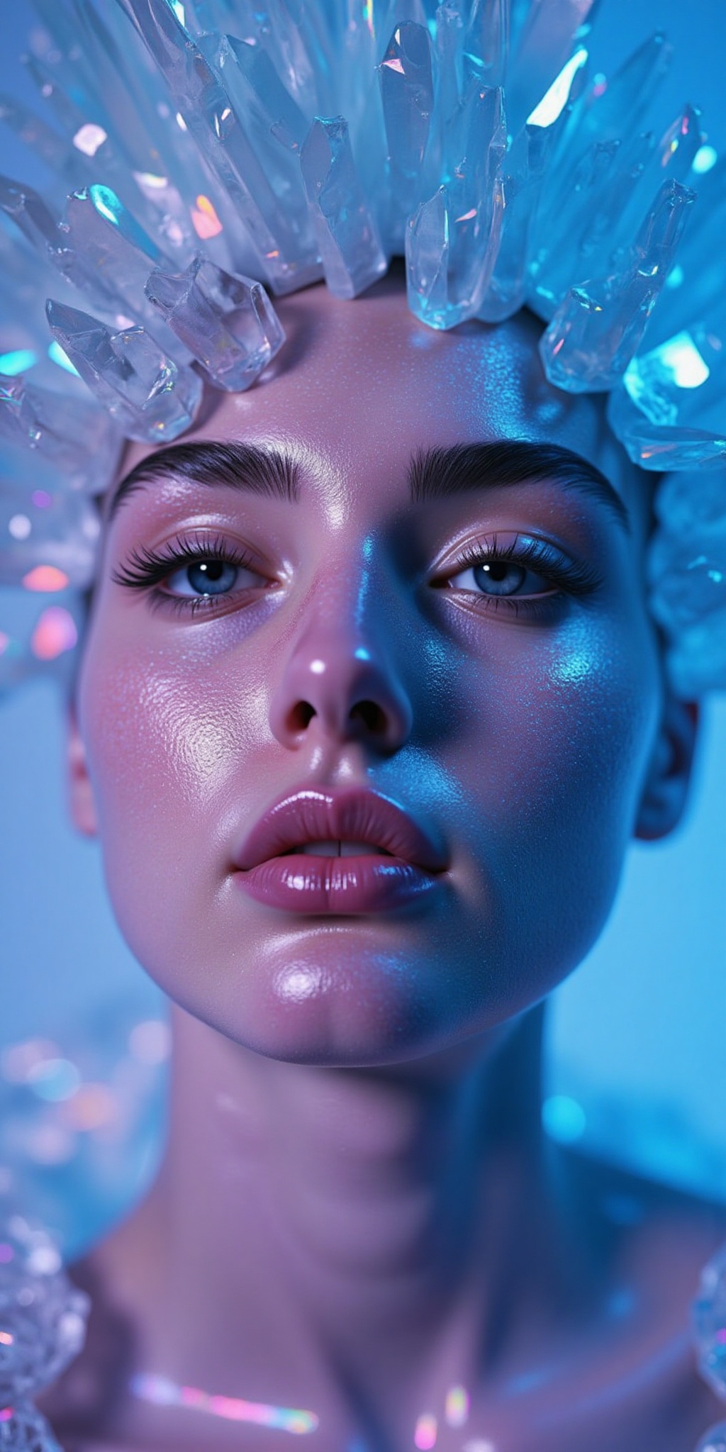 The image depicts a close-up of a person's face,  with their skin illuminated by a vibrant,  iridescent light. The person'...