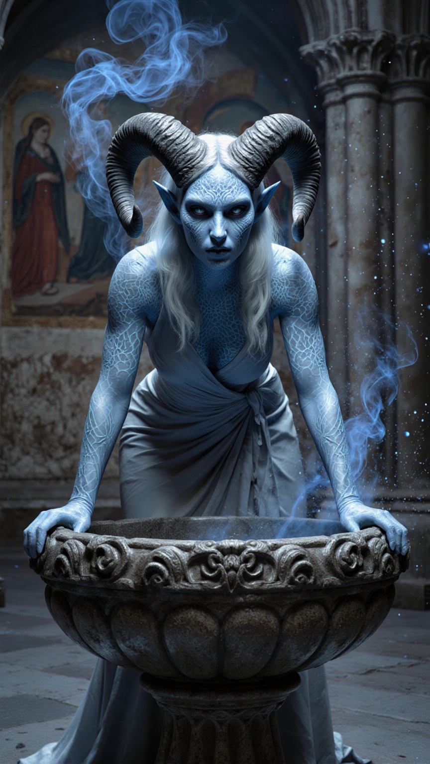 Photorealistic CGI fantasy portrait of a mystical female creature,  her skin sculpted in luminescent blue stone texture wi...