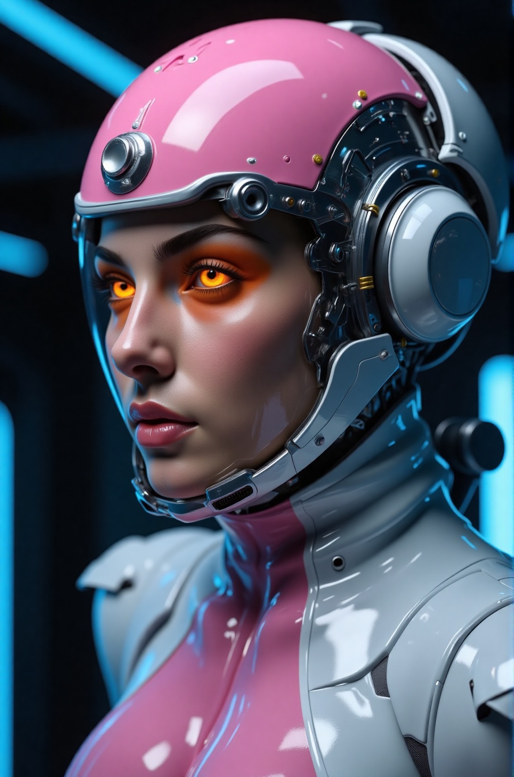 The image depicts a futuristic scene with a woman wearing a sleek,  high-tech helmet. The helmet is predominantly pink and...