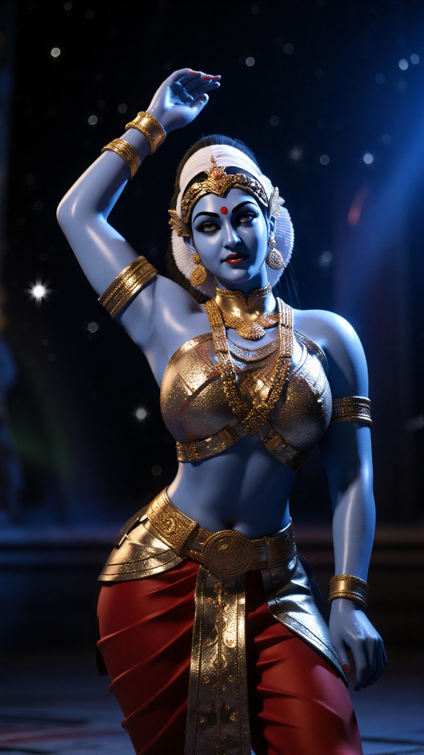 Alien woman with blue,  scaly skin,  hyper-detailed and photorealistic. She is a Kerala Kuchipudi dancer depicted in a poi...
