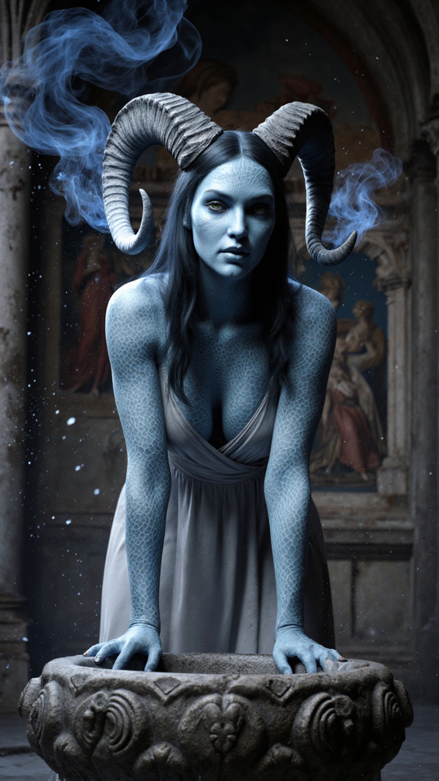 Photorealistic CGI fantasy portrait of a mystical female creature,  her skin sculpted in luminescent blue stone texture wi...
