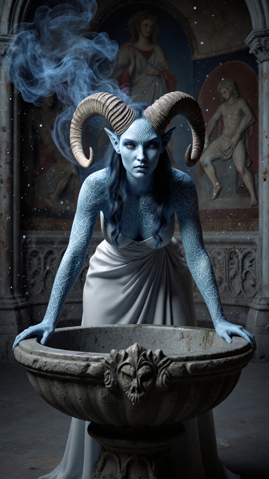 Photorealistic CGI fantasy portrait of a mystical female creature,  her skin sculpted in luminescent blue stone texture wi...