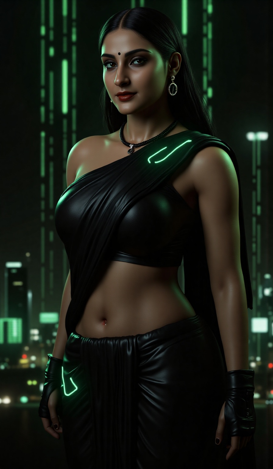 A photorealistic portrait of an Indian woman in her late 20s with dark brown skin,  long straight black hair,  and sharp f...