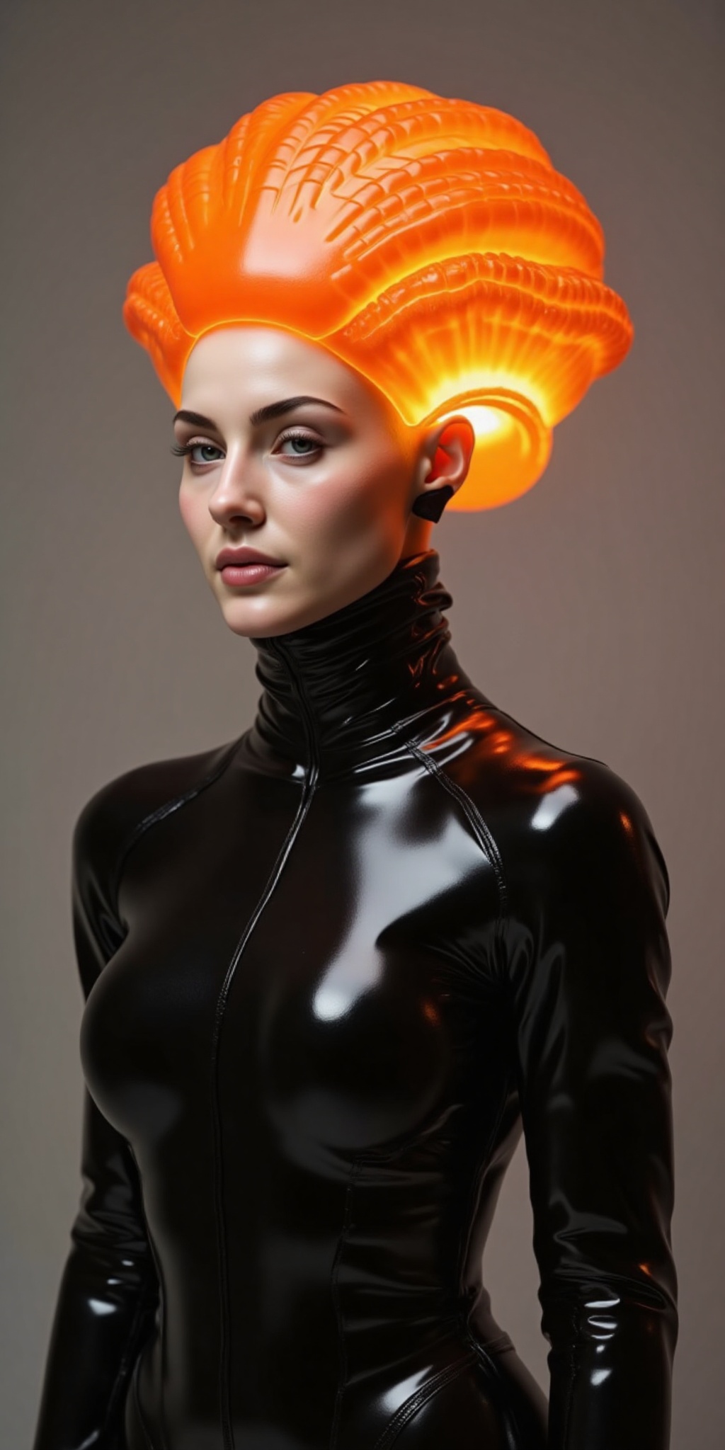 The image depicts a futuristic and artistic figure with a striking appearance. The individual is wearing a headpiece that...