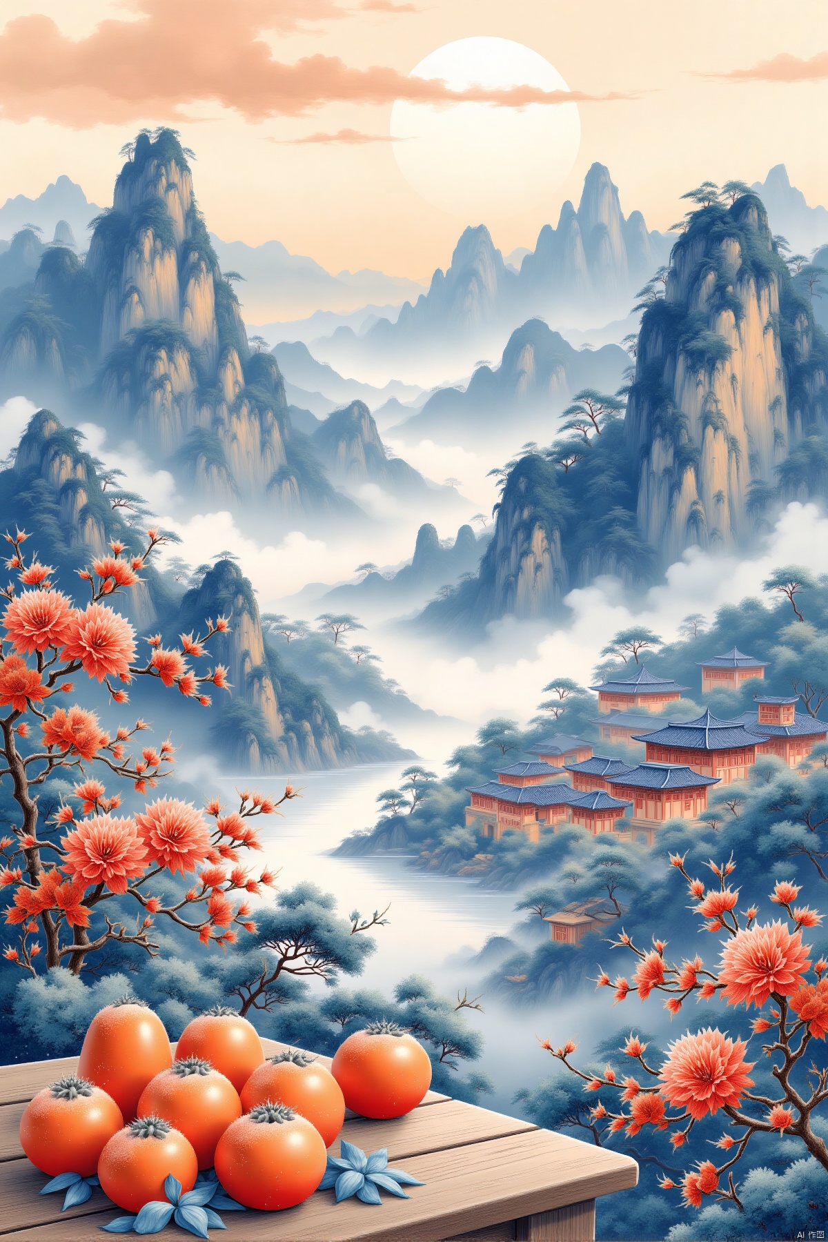  A serene Chinese landscape painting depicting a cluster of chrysanthemums in the foreground, towering persimmon trees and a Chinese village in the midground, frost-covered persimmons on a wooden table, distant mountains in the background. The scene is rendered in the style of traditional Chinese ink wash painting, capturing the essence of deep autumn with rich, vibrant colors and a touch of frost. The overall image quality is set to best quality, 4k, 8k, high-resolution, with ultra-detailed and photorealistic elements. The art style is reminiscent of fine detailed watercolor painting, showcasing a harmonious blend of detailed brushwork. The color palette is dominated by deep blues, whites, and hints of frosty hues, creating a tranquil and elegant atmosphere. The lighting evokes the essence of a chilly, misty morning in the countryside.
