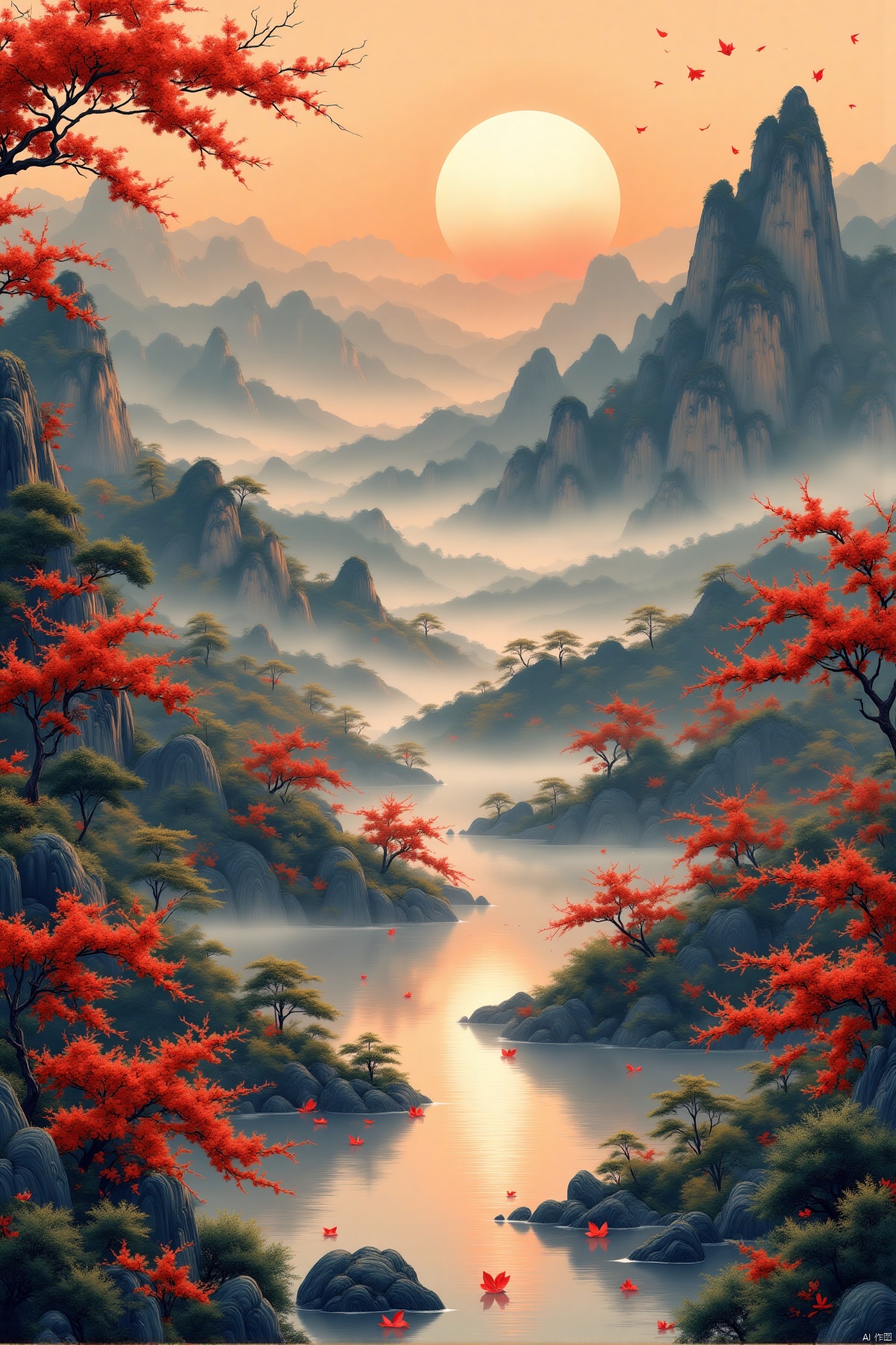 A picturesque scene with the grandeur of Chinese red, poetic elegance, and traditional elements, overlooking a tranquil river with the sun rising, crimson flowers floating on the water, and an ethereal mist enveloping the mountains. The scene exudes a sense of timeless beauty and harmony, capturing the essence of spring with deep green river waters, sparkling blue gemstones, and fresh, vivid colors. The entire landscape appears as if the heavens and earth have converged, creating a mesmerizing and serene atmosphere. The detailed depiction of the surroundings should have the best quality (4k,8k,highres,masterpiece:1.2) and be ultra-detailed with a realistic, photorealistic style (photo-realistic:1.37). The lighting should emphasize studio lighting, sharp focus, vivid colors, and an overall sense of tranquility.