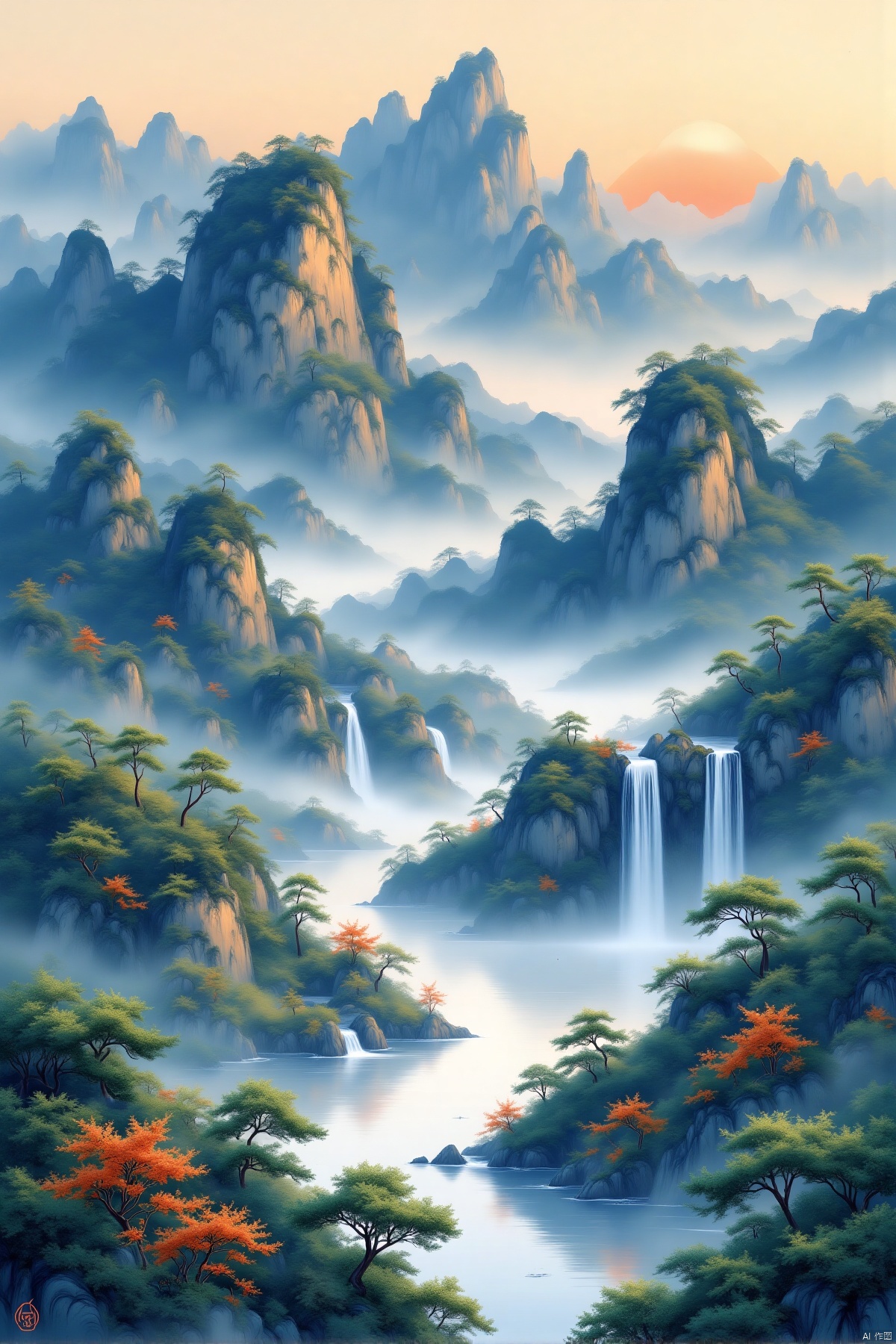  spiritual mountain,beautiful colors,crystal clear water,misty atmosphere,mountains rising and falling,lush green trees,flowing water,wondrous beauty,(best quality,4k,8k,highres,masterpiece:1.2),ultra-detailed,(realistic,photorealistic,photo-realistic:1.37),HDR,UHD,studio lighting,landscape,vivid colors,sharp focus