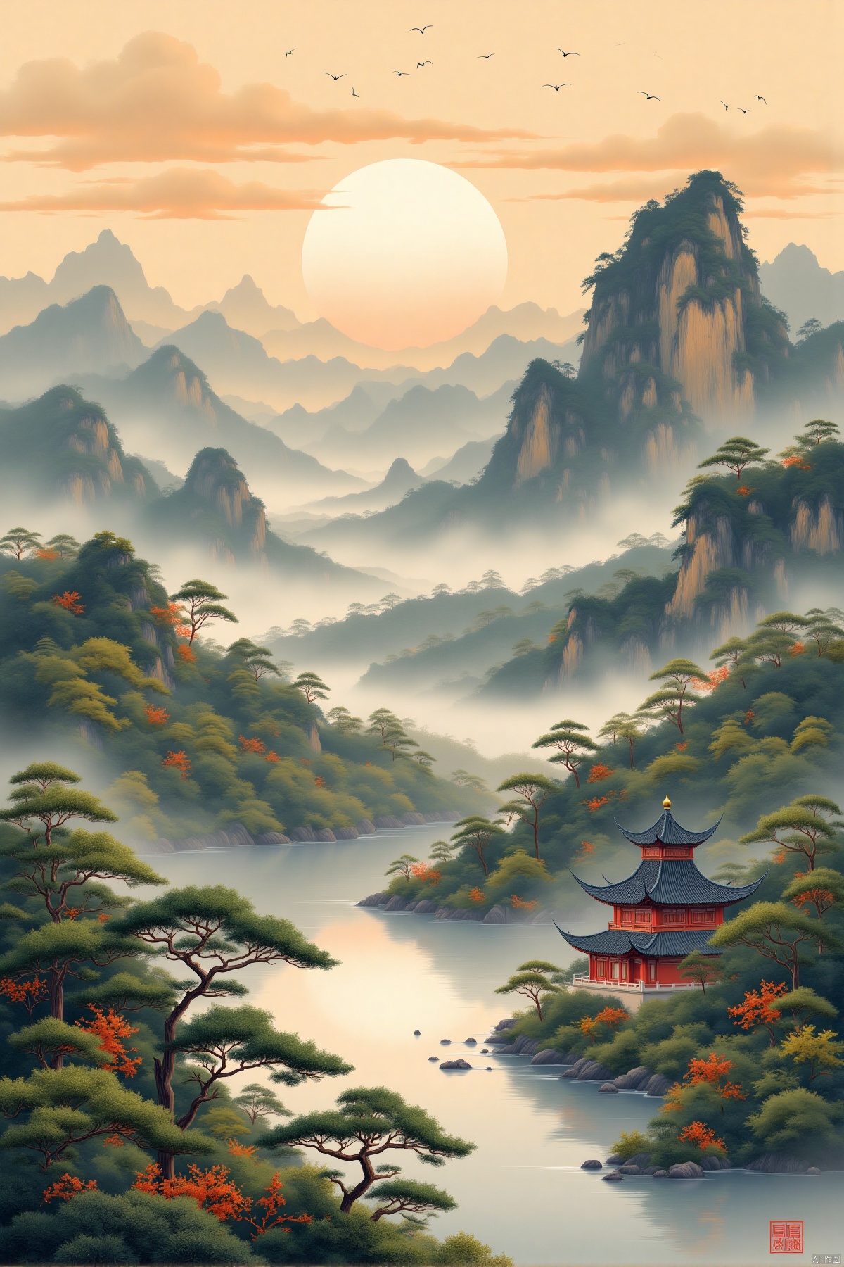 outdoors, sky, cloud, water, tree, no humans, bird, nature, scenery, reflection, mountain, sun, architecture, east asian architecture, landscape, fog